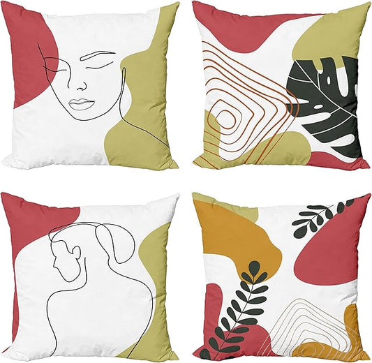Ambesonne Minimal Throw Pillow Cushion Case Pack of 4, Modern Line Art Woman Portrait Contemporary Leafy Geometric Details, Modern Accent Double-Sided Digital Printing, 16", Olive Green and Dark Coral