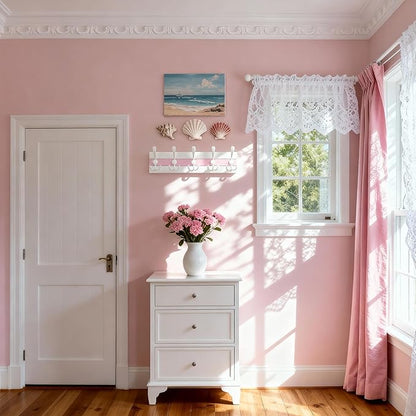 SKOLOO Coastal Wall Mounted Coat Rack - 17" Beach House Entryway Wooden Coat Hook with 5 Hooks for Hanging Coats, Hats or Towels, Oceanfront Cottage Core Collection, White & Palm Beach Pink