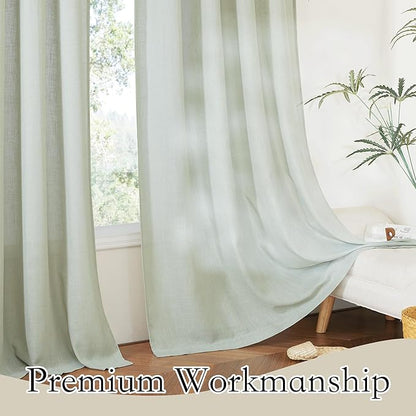 RYB HOME Linen Blended Curtains for Dining Room Laundry Room, Grommet Semi Transparent Wrinkle-Resistant Privacy Vintage Semi Sheer Panels for Nursery, Sage Green, W 60 x L 95 inches, 1 Pc