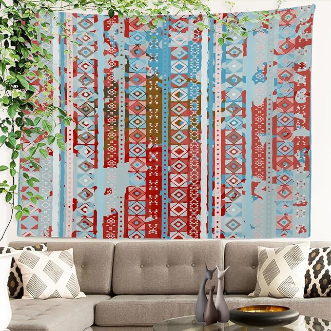 Batmerry Boho Tribal Tapestry, Aztec Ethnic Tribal Colorful Boho Abstract Distress Watercolor Wall Art Hanging Polyester Fiber White Ruffled Around For Dorm Room Bedroom Living Room, 35 X 47 Inches