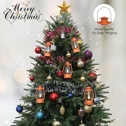 12-Pcs Orange Mini Lanterns Decorative for Halloween Thanksgiving, Fall Centerpiece for Table, Small Western Lantern with Flicker LED Candle for Cowboy Camping Christmas Wedding Decorations