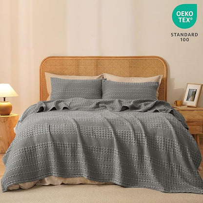 PHF 100% Cotton Waffle Weave Blanket Twin Size for Bed, Soft Lightweight & Breathable, All-Season Comfort, Luxury Aesthetic Woven Bedding for Home Decor, 66"x90", Dark Grey