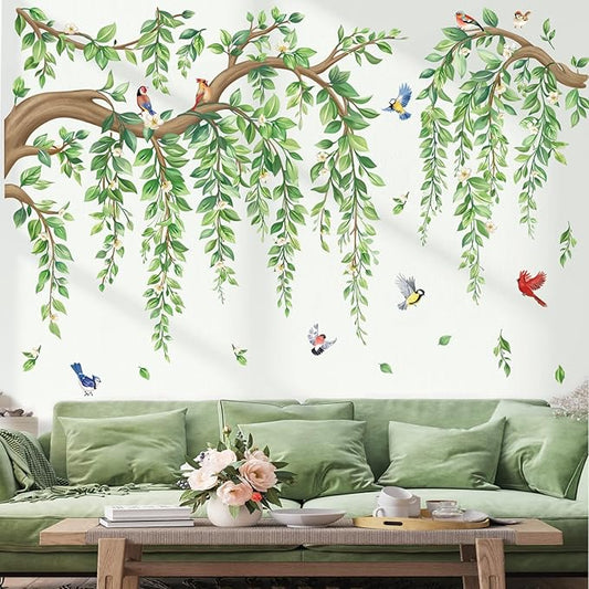 wondever Large Tree Branch Hanging Vine Wall Stickers Green Leaf Flower Birds Peel and Stick Wall Art Decals for Living Room Bedroom TV Wall