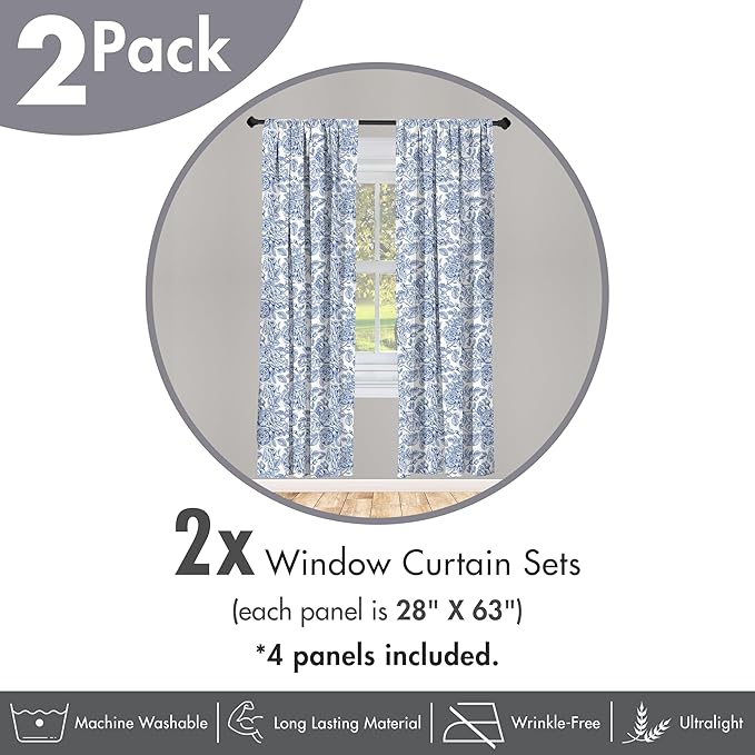 Ambesonne Rose Window Curtains Pack of 2, Vintage Design of Monochromatic Flowers with Leaves Drawing, Lightweight Set with Rod Pocket, 4 Panels of - 28" x 63", Pale Blue