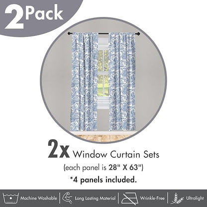 Ambesonne Rose Window Curtains Pack of 2, Vintage Design of Monochromatic Flowers with Leaves Drawing, Lightweight Set with Rod Pocket, 4 Panels of - 28" x 63", Pale Blue
