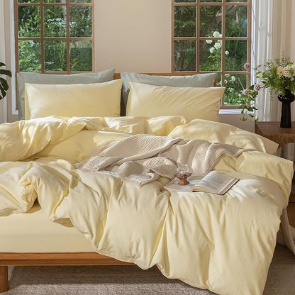 MooMee Bedding Duvet Cover Set 100% Washed Cotton Linen Like Textured Breathable Durable Soft Comfy (Heathered Butter Yellow, Full 80"x90")