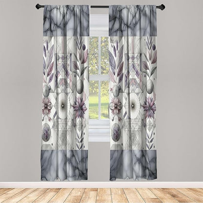 Ambesonne Geometric Floral Window Curtains, Classic Marble Print Ornate Leafy Flowers and Futurist Stripes, Lightweight Decor 2-Panel Set with Rod Pocket, Pair of - 28" x 84", Ceil Blue Laurel Green