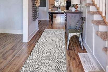 Custom Size Southwestern Style Runner Rug Mat for Wide Hallway Entryway Kitchen Laundry Room with Slip Resistant Latex Rubber Backing, Inca Grey, 31 inch X 15 feet