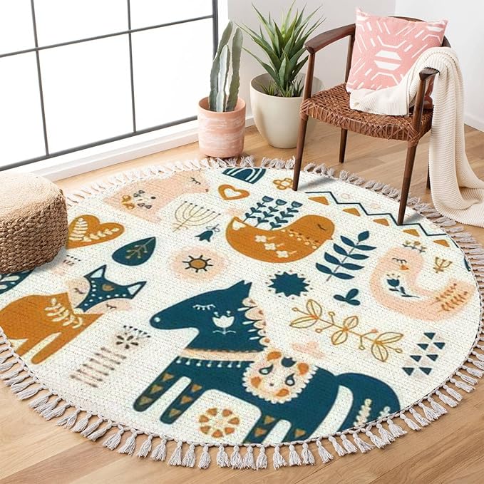 Round Rugs Composition Folk Art Animals Decorative Elements Hand Drawn Boho Area Rug Linen and Cotton Carpet Meditation Rug Washable Hallway Runner Mat Accent Rug for Bedroom Bathroom 6ft