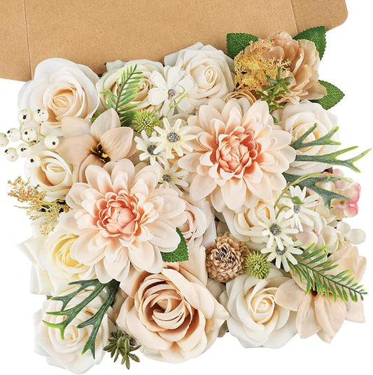 AmyHomie Nude Color Artificial Flowers Combo Silk Mix Peony Rose Fake Flowers w/Stem for DIY Wedding Bouquets Centerpieces Arrangements Table Fall Decor Party Bridal Baby Shower Home Decorations