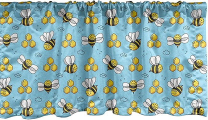Ambesonne Cartoon Window Valance, Summer Style Funny Demonstration of Happy Flying Characters and Hexagon Comb, Curtain Valance for Kitchen Bedroom Decor with Rod Pocket, 42" x 18", Sky Blue Mustard