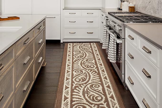 Custom Length Cut to Size Tribal Ethnic Southwestern Inspired Hallway Runner Rug, Non Slip Rubber Backed, 31 inch Wide X Customized Length, Mayan Brown, 31 inch X 10 feet