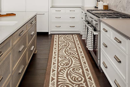 Custom Length Cut to Size Tribal Ethnic Southwestern Inspired Hallway Runner Rug, Non Slip Rubber Backed, 31 inch Wide X Customized Length, Mayan Brown, 31 inch X 13 feet