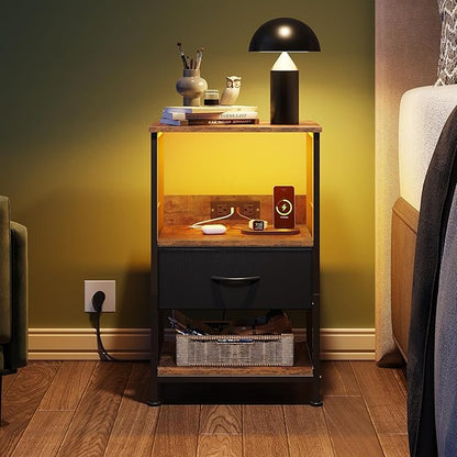 WLIVE LED Night Stand, Nightstand with Charging Station, Small Bed Side Table with Fabric Drawer and Open Shelves, Tall End Table with USB Ports & Outlets, Black and Rustic Brown