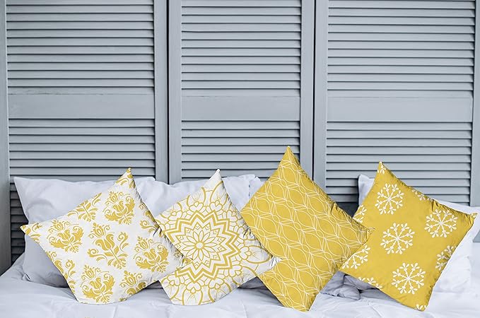 Ambesonne Retro Throw Pillow Cushion Case Pack of 4, Trellis Grid Medieval Floral Damask Mandala Flower Ornament in Modern Monochrome, Modern Accent Double-Sided Digital Printing, 20", Earth Yellow