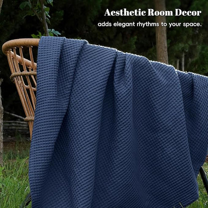 PHF 100% Cotton Waffle Weave Blanket Queen Size for Bed,Snag Proof Lightweight Breathable Throw for Couch,Great for Layering in Cold Weather,Machine Washable, Home Decor Gift-Navy Blue/Bright Blue