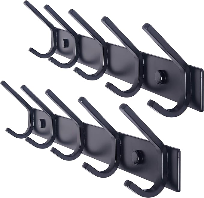 WEBI Coat Rack Wall Mounted,5 Coat Hooks for Hanging Coats,Heavy Duty Metal Double Hook Rack Hook Rail Coat Hanger Wall Mount for Clothes Entryway Jacket,Black,2 Packs