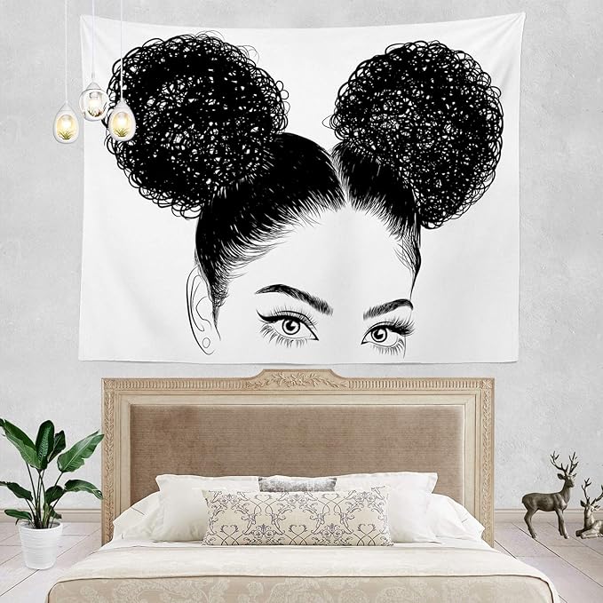 Batmerry Black Woman Afro American Tapestry, Black Woman with Shirt Graphic Tee Visit Hair Afro Girl Picnic Mat Hippie Trippy Tapestry Wall Art Decor for Bedroom Living Room, 59.1 x 82.7 Inches, Black