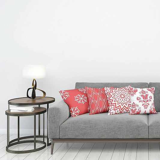 Ambesonne Retro Throw Pillow Cushion Case Pack of 4, Trellis Grid Medieval Floral Damask Mandala Flower Ornament in Modern Monochrome, Modern Accent Double-Sided Digital Printing, 16", Dark Coral