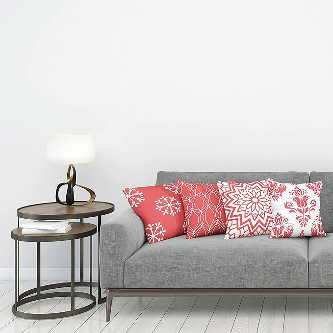 Ambesonne Retro Throw Pillow Cushion Case Pack of 4, Trellis Grid Medieval Floral Damask Mandala Flower Ornament in Modern Monochrome, Modern Accent Double-Sided Digital Printing, 24", Dark Coral