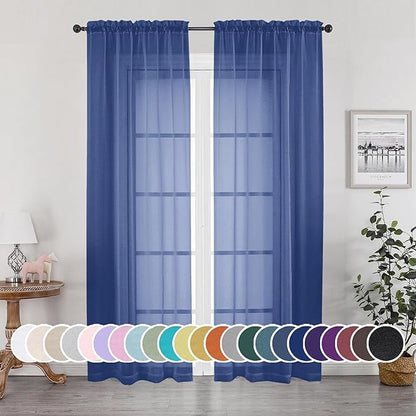 OWENIE Sheer Curtains 84 Inches Long 2 Panels Set for Bedroom Living Room, Light Filtering Voile Blue Sheer Curtains, Airy Rod Pocket Farmhouse Curtains, Royal Blue, Each 42Wx84L inch