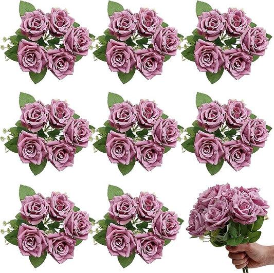 Purple Roses Artificial Flowers - 8 Bundles Fake Silk Rose Flower Realistic Faux Florals Bulk for Wedding Bridal Party Baby Shower Event Home Arrangements Centerpieces Decor (Dusty Purple)