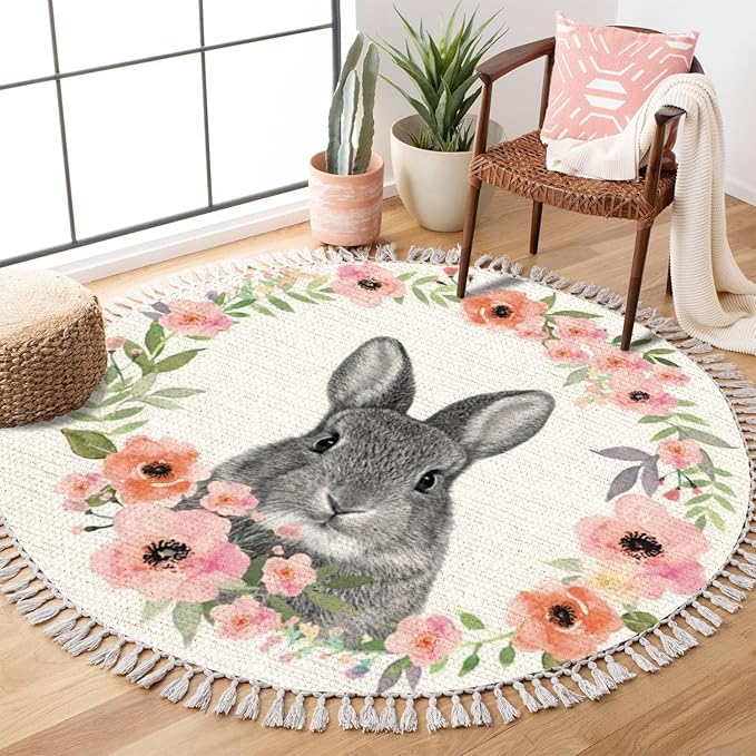Woodland Animals Round Rugs Flower Crown Rabbit Barn Animal Boho Area Rug in Pastel Color Linen and Cotton Carpet Nursery Rug Washable Hallway Runner Mat Accent Rug for Bedroom Powder Room 6ft