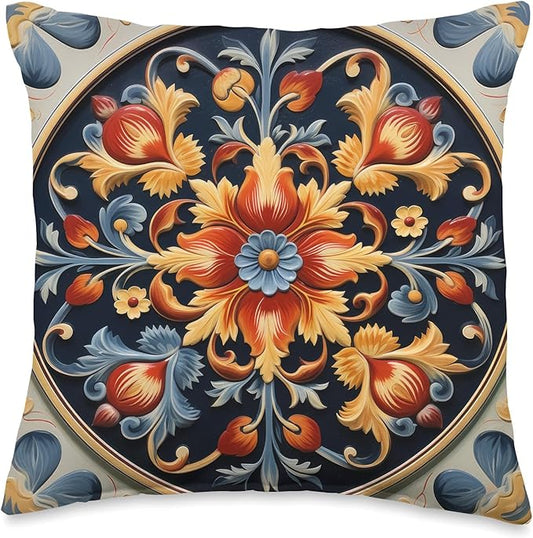 Traditional Norwegian Rosemaling Folk Art Throw Pillow