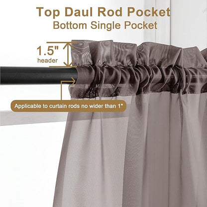 Chyhomenyc Chocolate Brown Sheer Curtains 30 inch Length 2 Panels, Light Filtering Voile Rod Pocket Short Window Curtians for Bathroom Living Room Farmhouse Small Windows, 42Wx30L inches