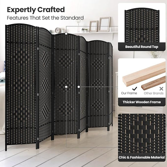 6 Panel Room Divider,6Ft Folding Privacy Screen,Tall - Extra Wide Foldable Panel Partition Wall Divider with Diamond Double-Weaved Hand-Woven Design Room Screen Divider