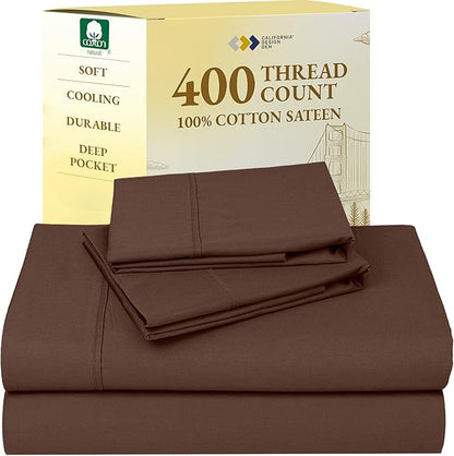California Design Den Natural 100% Cotton King Size Sheets Set - Soft 400 Thread Count Sateen, Deep Pocket Bed Sheets, Breathable, Cooling and Durable Bedding Set - Espresso Chocolate Brown