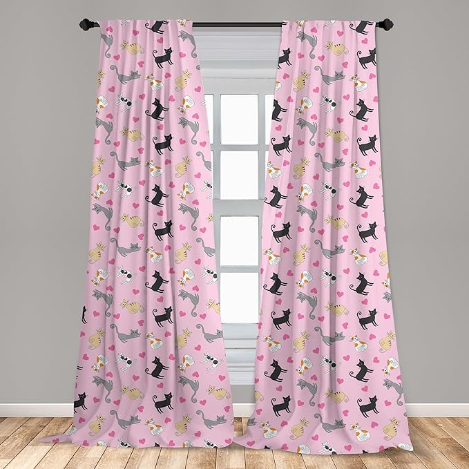 Ambesonne Kitty Curtains, Cats in Colorful Design and Patterns Among Pink Hearts Resting Happy Stretching, Window Treatments 2 Panel Set for Living Room Bedroom, Pair of - 28" x 95", Soft Pink