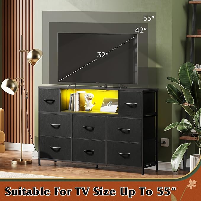 WLIVE Black TV Stand for 45, 50, 55 inch TV, Entertainment Center with LED Lights & Charging Station, TV Media Console Table with 8 Fabric Drawers and Open Shelves for Living Room, Hallway, Wood Top