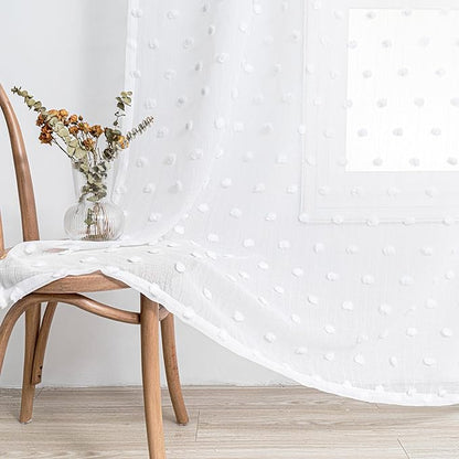 MYSKY HOME Short Curtains for Small Window - 45 Inch Long White Sheer Voile Panels with Pom Pom Trim for Kitchen, Bedroom, Living Room, Cafe, Nursery - 2 Sets - 52 x 45 Inch