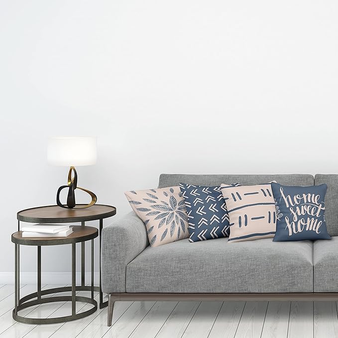 Ambesonne Modern Throw Pillow Cushion Case Pack of 4, Scandinavian Minimal Ornaments Boho Feather Leaves and Home Phrase, Modern Accent Double-Sided Digital Printing, 20", Pale Tan and Slate Blue
