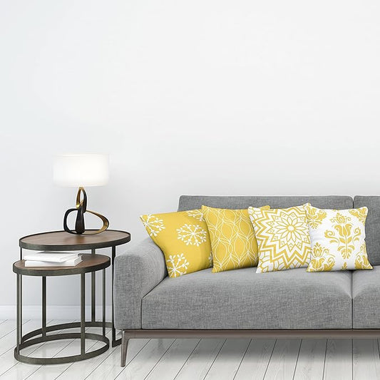 Ambesonne Retro Throw Pillow Cushion Case Pack of 4, Trellis Grid Medieval Floral Damask Mandala Flower Ornament in Modern Monochrome, Modern Accent Double-Sided Digital Printing, 24", Earth Yellow