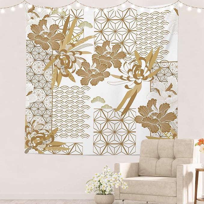 Batmerry Gold Japanese Floral Tapestry,Spring Wall Art Hanging Decoration Polyester Fiber White Ruffled Around for Dorm Room Bedroom Living Room, 59.1x59.1 inches