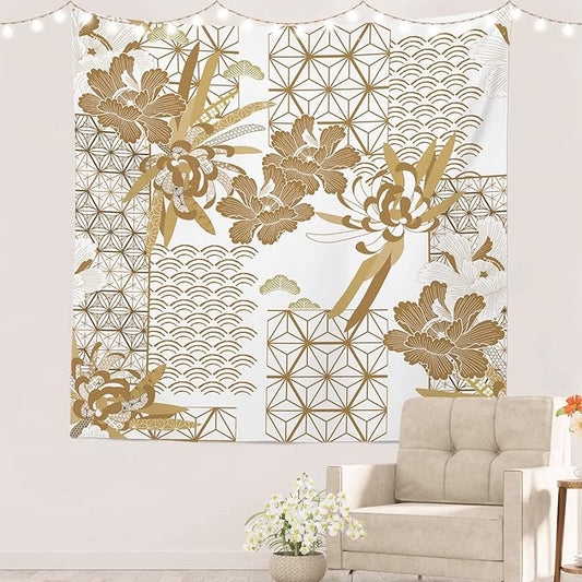 Batmerry Gold Japanese Floral Tapestry,Spring Wall Art Hanging Decoration Polyester Fiber White Ruffled Around for Dorm Room Bedroom Living Room, 59.1x59.1 inches