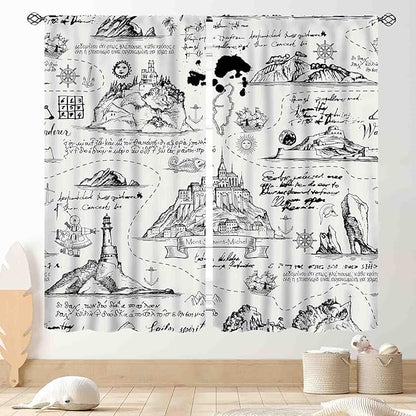 Vintage Nautical Curtains, Marine Coastal Sailboat Compass Anchor Ocean Beach Old Pirate Map Retro Window Drapery Treatments for Bedroom Living Room Kitchen Bathroom 2 Panels, 42"x54" Inch