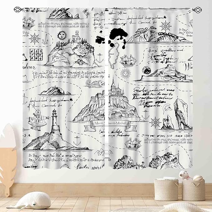 Vintage Nautical Curtains, Marine Coastal Sailboat Compass Anchor Ocean Beach Old Pirate Map Retro Window Drapery Treatments for Bedroom Living Room Kitchen Bathroom 2 Panels, 84"x63" Inch