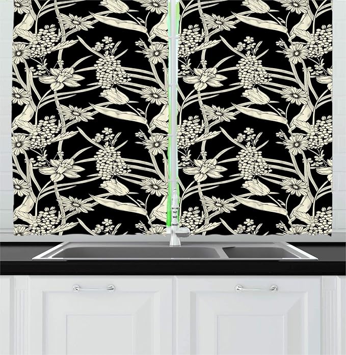 Lunarable Vintage Kitchen Curtains, Nature Inspired Pattern with Spring Flowers Monochrome Engraved Design, Window Drapes 2 Panel Set for Kitchen Cafe Decor, 55" X 39", Charcoal Grey and Cream