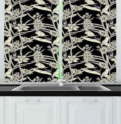 Lunarable Vintage Kitchen Curtains, Nature Inspired Pattern with Spring Flowers Monochrome Engraved Design, Window Drapes 2 Panel Set for Kitchen Cafe Decor, 55" X 39", Charcoal Grey and Cream