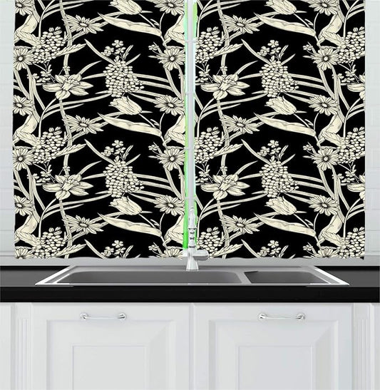 Lunarable Vintage Kitchen Curtains, Nature Inspired Pattern with Spring Flowers Monochrome Engraved Design, Window Drapes 2 Panel Set for Kitchen Cafe Decor, 55" X 39", Charcoal Grey and Cream