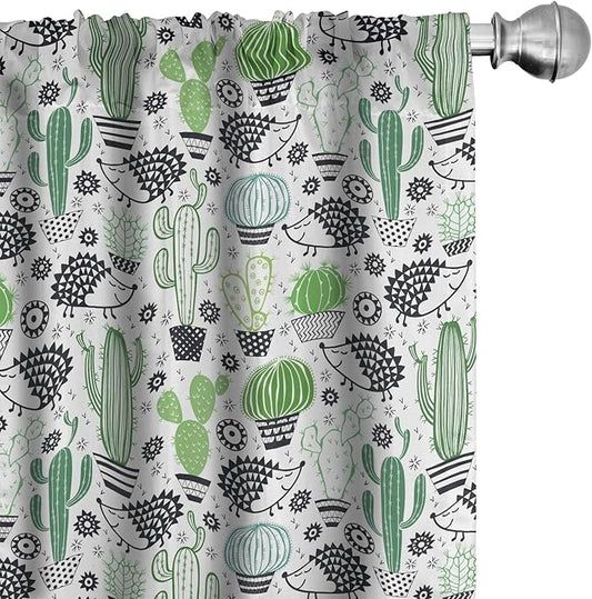 Ambesonne Cactus Curtains, Cartoon Style Inspired Drawing of Hedgehog Animals Saguaro and Prickly Pear, Window Treatments 2 Panel Set for Living Room Bedroom, Pair of - 28" x 95", White Green