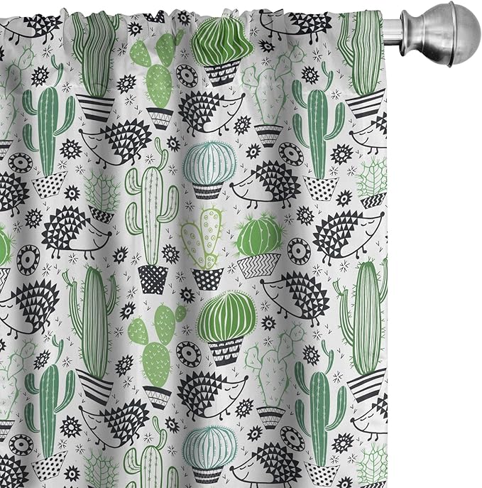 Ambesonne Cactus Curtains, Cartoon Style Inspired Drawing of Hedgehog Animals Saguaro and Prickly Pear, Window Treatments 2 Panel Set for Living Room Bedroom, Pair of - 28" x 63", White Green