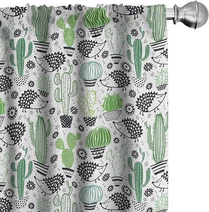 Ambesonne Cactus Curtains, Cartoon Style Inspired Drawing of Hedgehog Animals Saguaro and Prickly Pear, Window Treatments 2 Panel Set for Living Room Bedroom, Pair of - 28" x 63", White Green