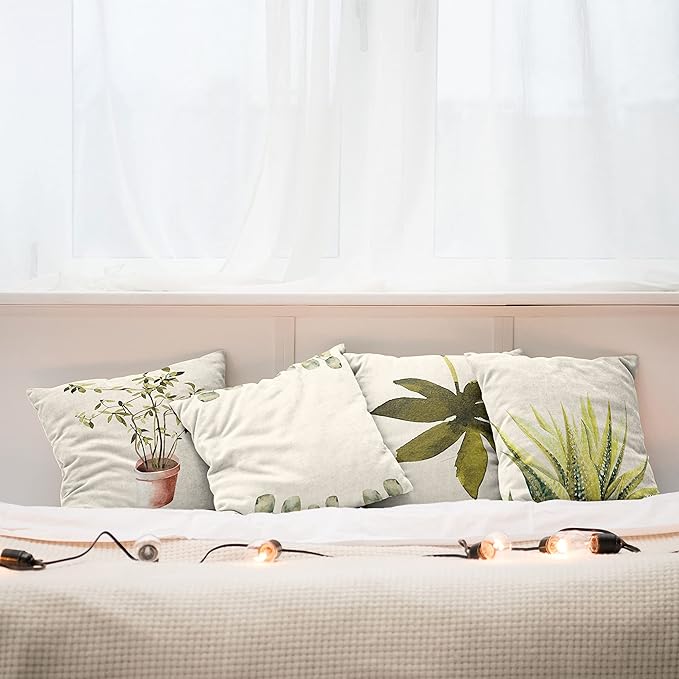 Ambesonne Botanical Throw Pillow Cushion Case Pack of 4, Minimalist Watercolor Painting Leaves Agave Branches Plant in a Pot, Modern Accent Double-Sided Digital Printing, 24", Fawn Pale Green White