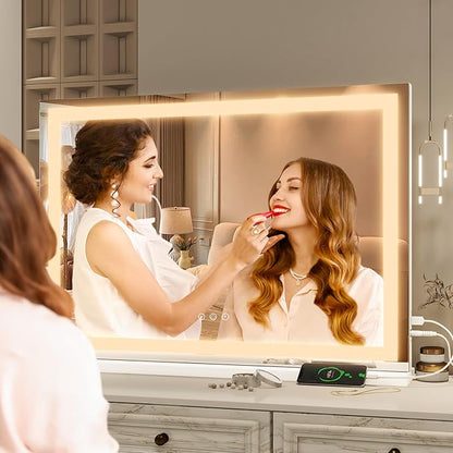 FENNIO Vanity Mirror with Lights 32"x22", Lighted Makeup Mirror, Large Vanity Mirror, Touch Sensor with 3-Color Lighting, USB Charging Port for Vanity Desk（Square White）