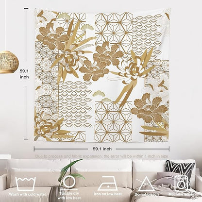 Batmerry Gold Japanese Floral Tapestry,Spring Wall Art Hanging Decoration Polyester Fiber White Ruffled Around for Dorm Room Bedroom Living Room, 59.1x59.1 inches