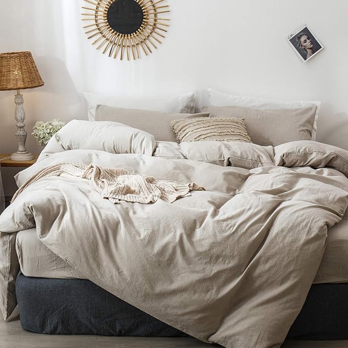 MooMee Bedding Duvet Cover Set 100% Washed Cotton Linen Like Textured Breathable Durable Soft Comfy (Heathered Tannish Linen Grey, Oversized Queen 98"x98")